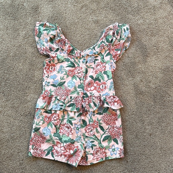 Janie and Jack Floral Ruffle Romper - Pink and Green - Picture 3 of 3